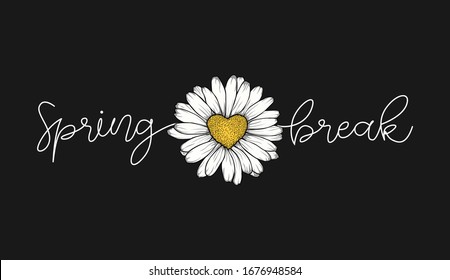 daisy drawing and spring break  fashion slogan for different apparel and T-shirt. - Vector