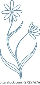 Dúo de margaritas con tallo largo y hojas, una flor abierta y un brote, dibujado en líneas limpias de arte. Símbolo de crecimiento, naturaleza, pureza y calma para el bienestar y temas ecológicos. Ilustración vectorial de dibujos animados.
