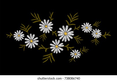 Daisy embroidery print texture flower arrangement leaves. Fashion ornament decoration vintage floral black background vector illustration