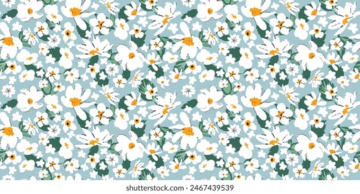 Daisy floral minimal seamless pattern. Shabby chic millefleurs. Will be fine for textile or book covers, manufacturing, wallpapers, print, gift wrap and scrapbooking.