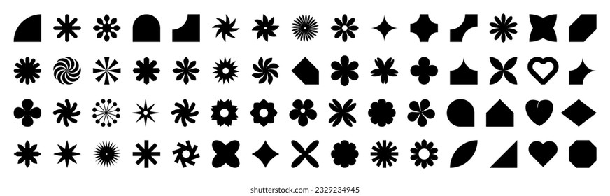 Daisy floral organic form, star, heart and other elements in trendy playful brutal style. Black flowers and geometric shapes. Vector icons isolated on white background.