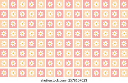 Daisy floral pattern seamless checker. Texture vector background. Printable for wallpaper, scrapbook, cover book, diary, table cloth, wrapping paper.