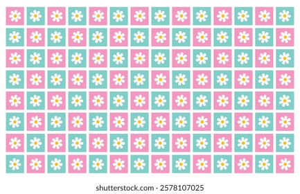 Daisy floral pattern seamless checker. Texture vector background. Printable for wallpaper, scrapbook, cover book, diary, table cloth, wrapping paper.