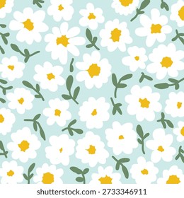 Daisy Floral Pattern,White Flower On Blue  Background,Cute Flower Print, Simple Floral Art, Blue Aesthetic Pattern.