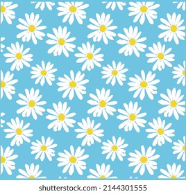 Gänseblümliches, nahtloses Muster, Blumenstruktur. Ideal für den Druck, die Verpackung.Vektorgrafik.Weiße Blumen auf blauem Hintergrund.Handgezeichnet Blumendekor im Skizzenstil.