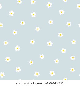 Daisy floral seamless vector pattern with daisies in simple hand drawn cartoon kawaii style. Pastel palette, cute soft blue background. Ideal for printing baby textiles, clothes, packaging