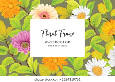 daisy floral watercolor background and wreath card design