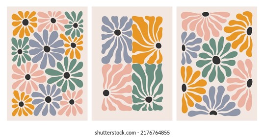 Daisy Flower Abstract Art Set. Aesthetic Modern Illustration. Vector Retro Groovy Pattern. Retro Floral Posters