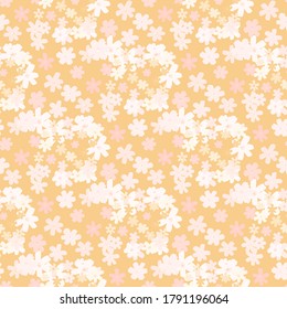 Daisy flower abstract silhouettes seamless pattern. White chamomile shapes on soft orange background. Designed for wallpaper, textile, wrapping paper, fabric print. Vector illustration.