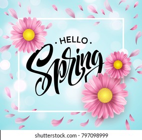 Daisy Flower Background and Hello Spring Lettering. Vector Illustration EPS10