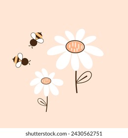 daisy flower and bee cartoon icon sign on orange background. Cute wall art decoration.