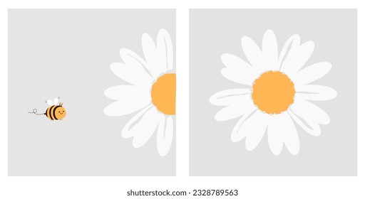 Daisy flower and bee cartoon isolated on grey backgrounds vector illustration. Cute childish prints.