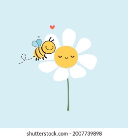 Daisy flower and bee cartoon on blue background vector illustration.