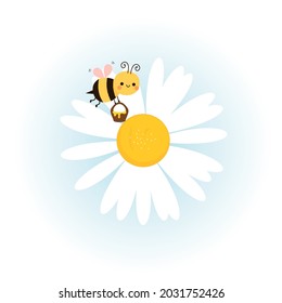 Daisy flower and bee cartoon on blue blur background vector illustration.