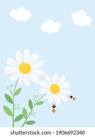 Daisy flower and bee cartoons on blue sky background vector illustration. 