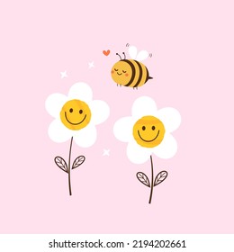 Daisy flower and bee cartoons on pink background vector illustration.