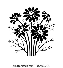 Daisy Flower black stencils with leaves, buds and stems. Bouquet of chamomile flowers monochrome silhouette