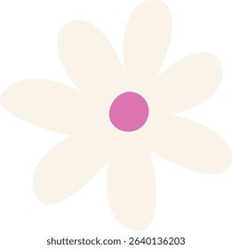 A daisy flower with a bold pink center and soft petals in a flat style. The flower's simple form is highlighted by its vibrant core and smooth edges. Cartoon vector illustration.