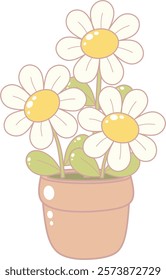 Daisy Flower in Brown Pot. Simple and Cute Style.