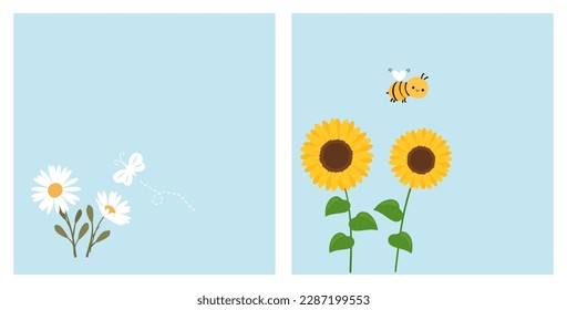 Flor de margarita, caricatura de mariposa, girasol y abeja en ilustración vectorial de fondo azul.