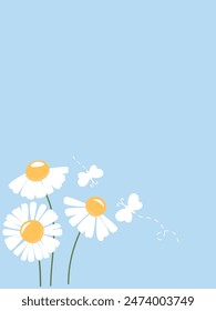 Daisy flower and butterfly cartoons on blue background vector.