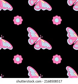 Daisy flower and butterfly in style. Vector seamless pattern in pink and blue colors on black background. Hand-drawn illustration in flat style for groovy background, wallpaper, fabric, textile.