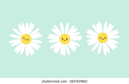 Daisy flower cartoon with cute face on green background vector illustration.