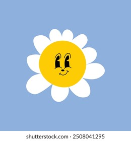 Daisy flower with cartoon funny smiling face, chamomile character. Cute camomile happy emotion. Kids logo design with daisies. Illustration of smile floral flower, bloom camomile on blue background