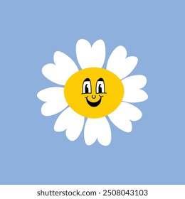 Flor de margarita con la cara sonriente divertida de la historieta, carácter de la manzanilla. Linda emoción feliz de manzanilla. Diseño de logo infantil con margaritas. Ilustración de la flor floral de la sonrisa, manzanilla de la flor sobre fondo azul