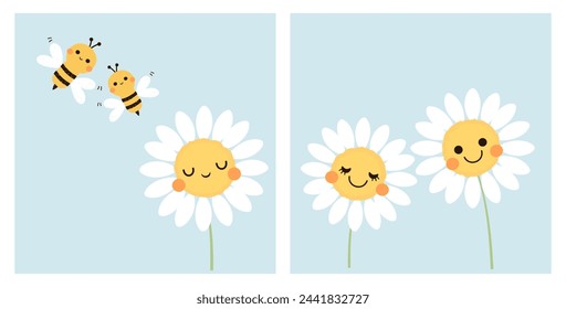 Daisy flower cartoons and bee cartoons on blue background vector. Cute childish print.