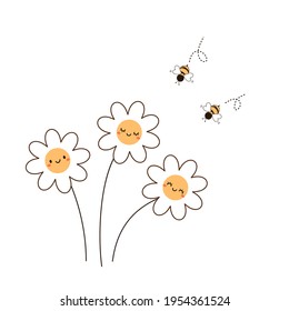 Daisy flower cartoons and flying bee cartoons isolated on white background vector illustration.