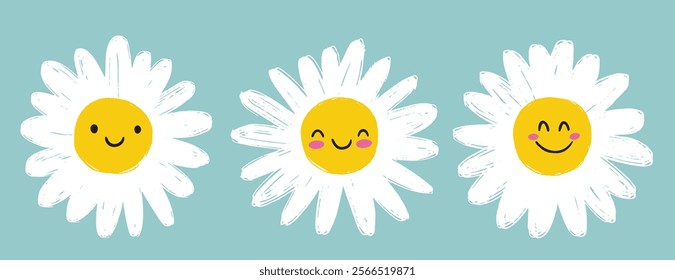 daisy flower or chamomile on blue background vector illustration. Cute cartoon character smiling flower. Vector illustration