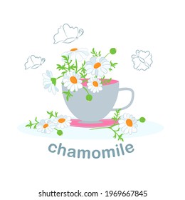 Daisy flower. Chamomile. Chamomile tea. Blue mug of tea. Herb drink from flowers of chamomile medicinal. Hot aromatic fresh tea. Flat vector illustration, isolated objects