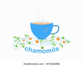 Daisy flower. Chamomile. Chamomile tea. Blue mug of tea. Herb drink from flowers of chamomile medicinal. Hot aromatic fresh tea. Flat vector illustration, isolated objects
