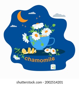 Daisy flower. Chamomile. Chamomile tea. Blue mug of tea. Herb drink from flowers of chamomile medicinal. Hot aromatic fresh tea. Flat vector illustration, isolated objects 