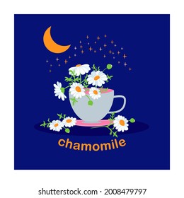 Daisy flower. Chamomile. Chamomile tea. Blue mug of tea. Herb drink from flowers of chamomile medicinal. Hot aromatic fresh tea. Flat vector illustration, isolated objects 