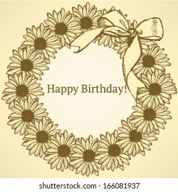 Daisy flower circle with bow, vector Birthday pattern 