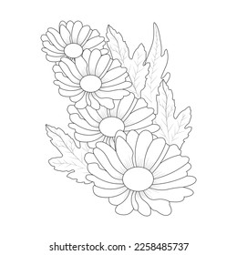 Daisy Flower Coloring Page, Flower Line art vector, Flower Coloring page And Book With Decorative Floral background Design 