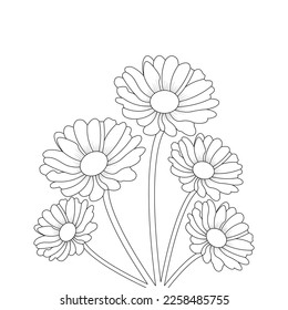 Daisy Flower Coloring Page, Flower Line art vector, Flower Coloring page And Book With Decorative Floral background Design 