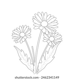 daisy flower coloring page line art illustration, flower coloring page and book, hand drawn flower line art