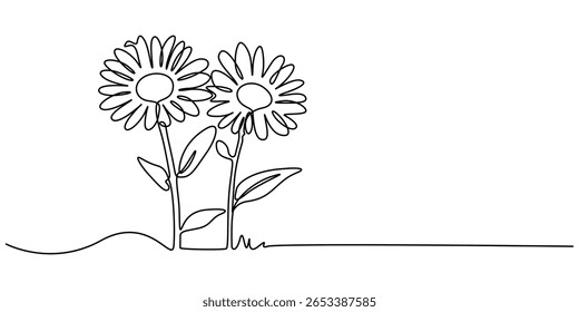 Ilustración de dibujo de una línea de flor de margarita, flor de margarita en estilo de arte de línea continua. Arte de dibujo de una línea de manzanilla Ilustración de Vector de icono de boceto lineal negro minimalista, Zinnia.