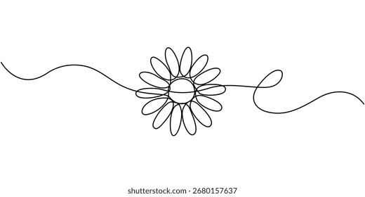 Flor Daisy contínua uma linha desenho ilustração, Flor Daisy em linha contínua estilo de arte Camomila Uma linha desenho arte. Uma linha contínua arte sol flor desenho à mão isolado