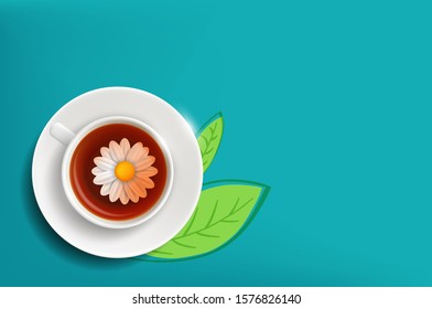 Daisy flower in a cup of tea. Herbal chamomile drink. Vector illustration