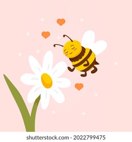 Daisy flower with cute bee flying nearby on pink background. Cute postcard template with cheerful bee flying over daisy with little hearts. Flat cartoon vector illustration