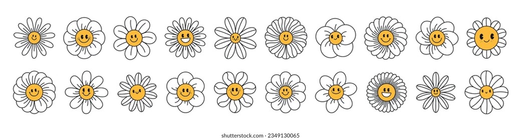 Daisy flower in cute cartoon style, cheerful character with a bright sun like smile. Happy face floral design.Flat vector illustration isolated on white background.