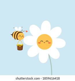 Daisy flower with cute face and flying bee cartoon on blue background vector illustration.