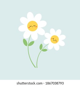 Daisy flower with cute face isolated on pastel background vector illustration. Cute cartoon character.