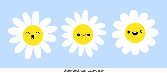 Daisy flower cute faces. Funny emoji characters set. Camomile cartoon style icon. Vector