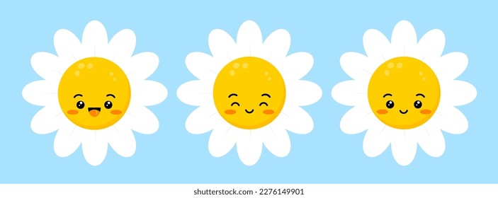 Daisy flower cute happy character with face set. Groovy chamomile fun emoji plant icon vector illustration. Kids camomile emoticon collection.