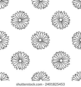 Daisy flower doodle vector seamless pattern on white background